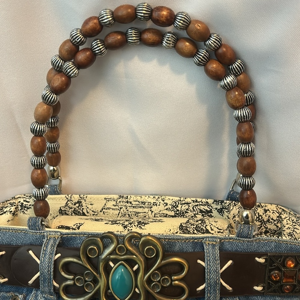 Denim and Brown Beaded Women's Bag - Picture 3 of 8